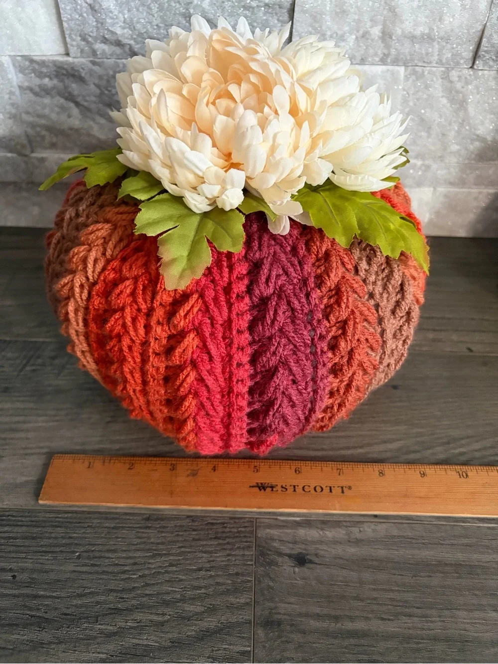 Handmade Autumn Crochet Pumpkin Floral Accent - Cream and Multicolor